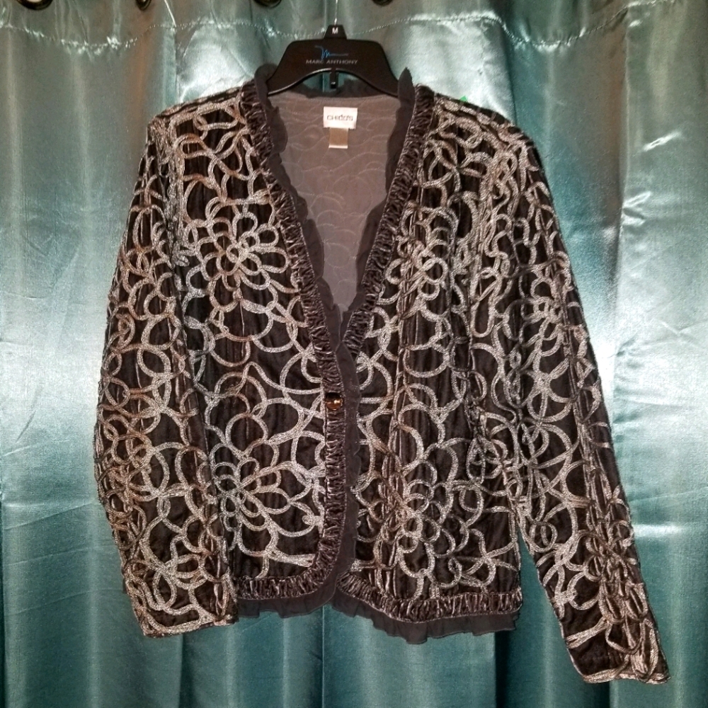 Chico's Silver Embroidered Ruffled Jacket